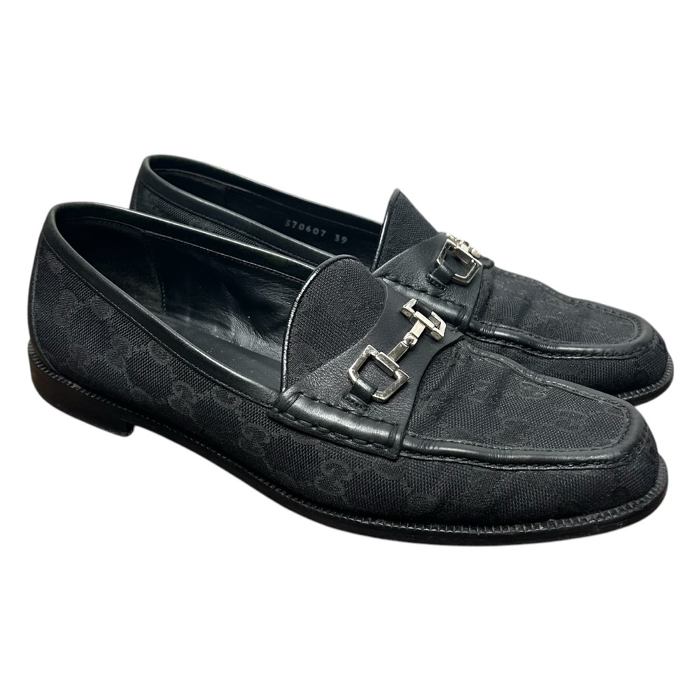 GUCCI Horsebit Loafers Black Leather GG Logo Monogram Canvas Silver Size 39 EU - Picture 1 of 8